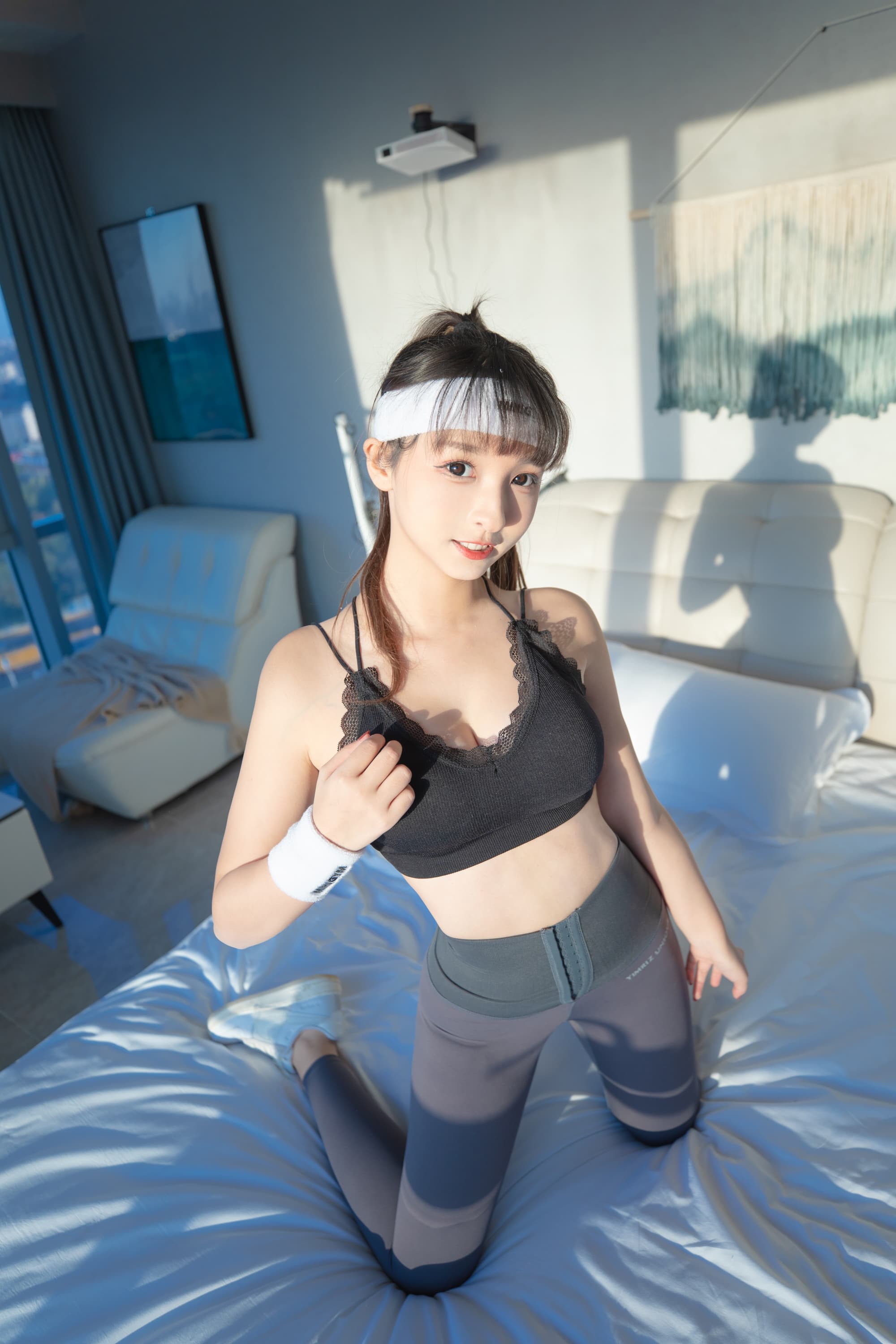 nylon feet near grey pants